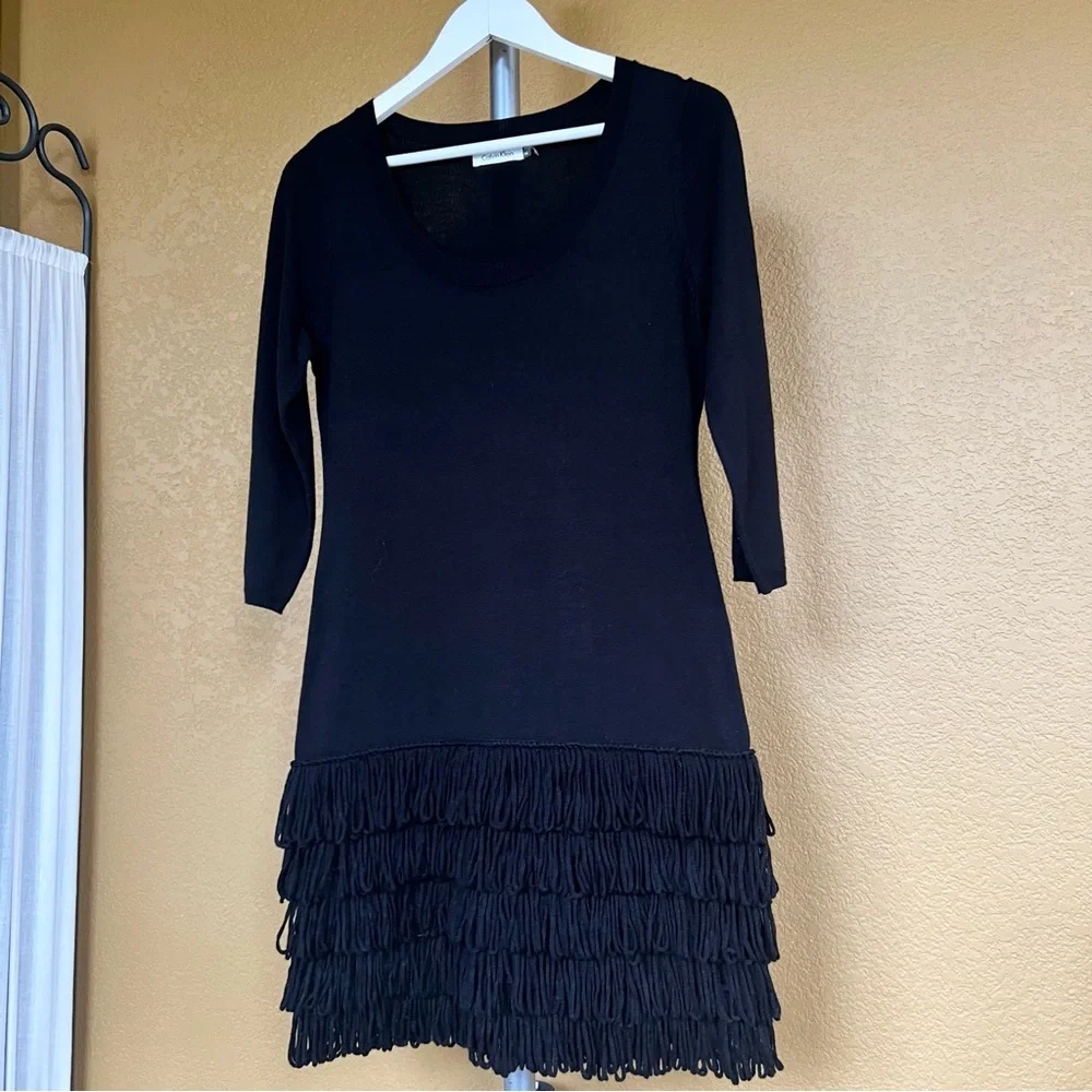 CALVIN KLEIN Fringe Hem Black Sweater Dress - Picture 7 of 10